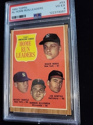 1962 Topps #53 AL home run leaders Mickey Mantle,  Roger Maris 1961 season PSA 4