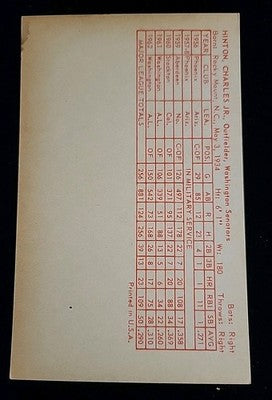 Chuck Hinton 1963 Exhibits Stat Back Washington Senators EX Cond (Light Stain)