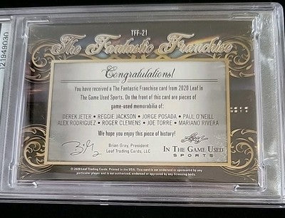 New York Yankees 2020 Leaf Fantastic Franchise Relic Patch Bat Card 3/4 PSA 7