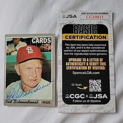 Red SCHOENDIENST  HOF Autographed 1970 Topps #346 Baseball Card JSA COA