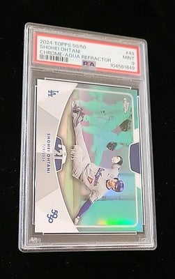 2024 Topps 50/50:  18/75 Shohei Ohtani  Chrome Aqua Refractor.  PAS 9
