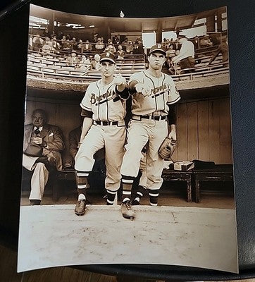Warren Spahn, Johnny Sain Milwaukee Braves Official MLB 8x10 Sepia Photo 1988