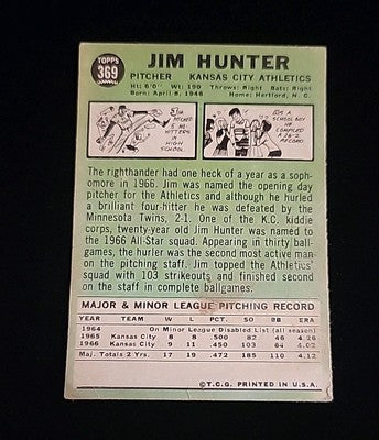1967 Topps Jim Catfish Hunter #369 VG  Kansas City Athletics HOF!