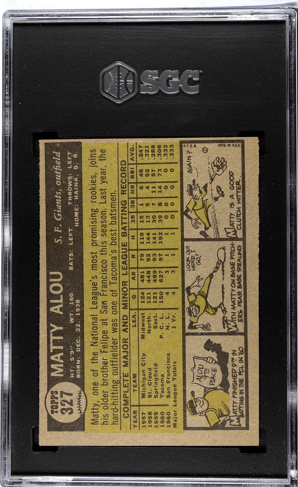 Matty Alou 1961 Topps #327 Rookie Card Giants San Francisco Baseball SGC 5.5 Ex+