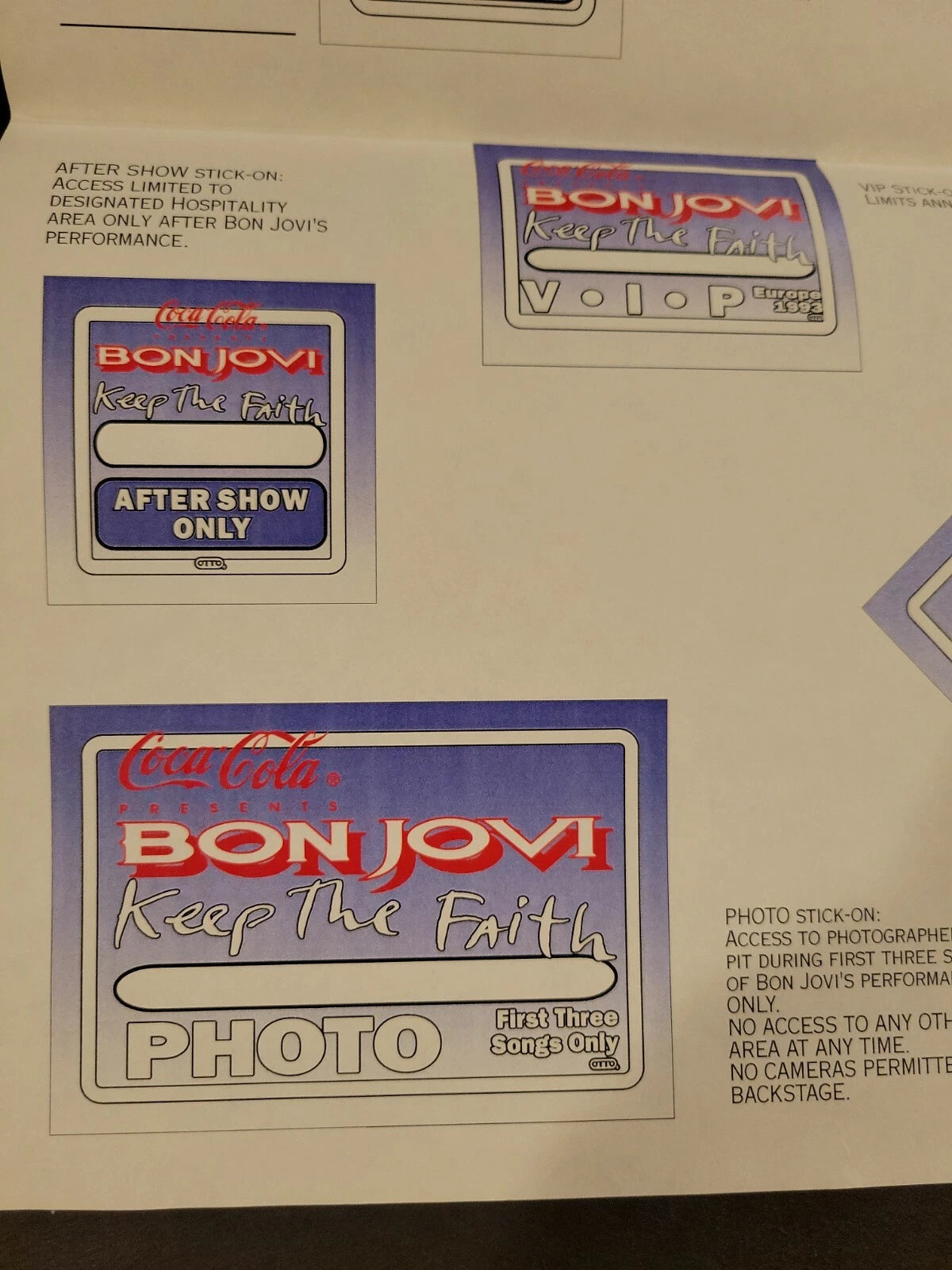 Bon Jovi 1993 Keeping the Faith Genuine Proof Sheet mock ups for Concert Tour