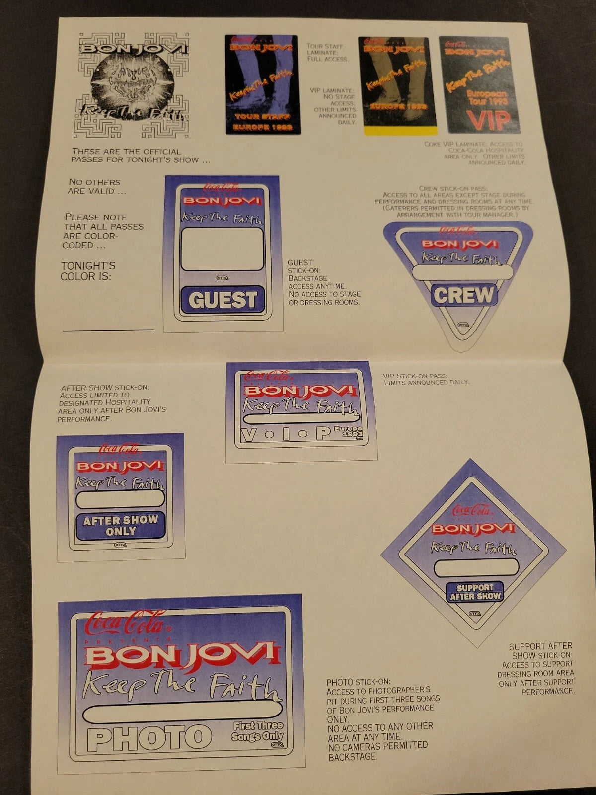 Bon Jovi 1993 Keeping the Faith Genuine Proof Sheet mock ups for Concert Tour