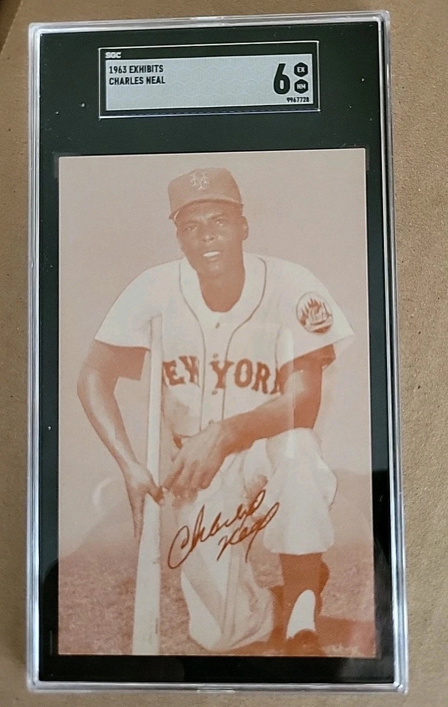 Charles Neal 1963 Exhibit Card Stats On Back Red Card N.Y. Mets SGC 6