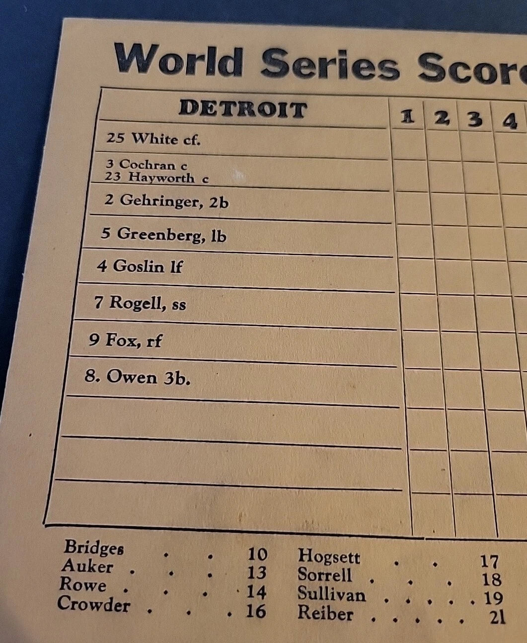1935 World Series Manager's Scorecard Detroit Tigers, Chicago Cubs Vintage