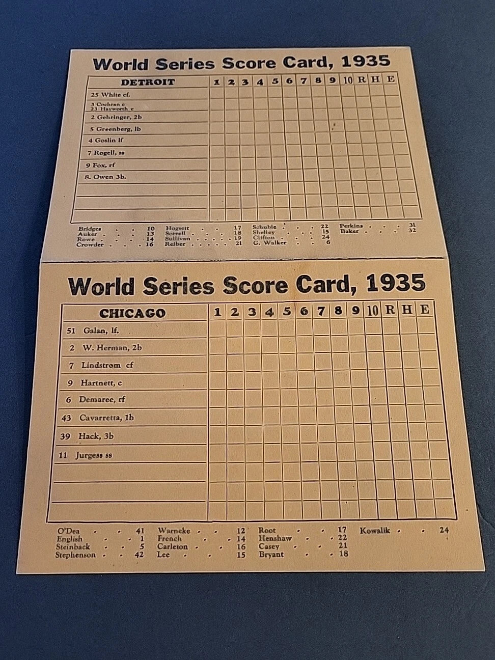 1935 World Series Manager's Scorecard Detroit Tigers, Chicago Cubs Vintage