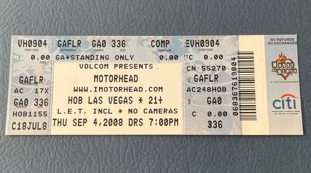 Motorhead Concert FULL Ticket House of Blues Las Vegas NV Sept 4 2008