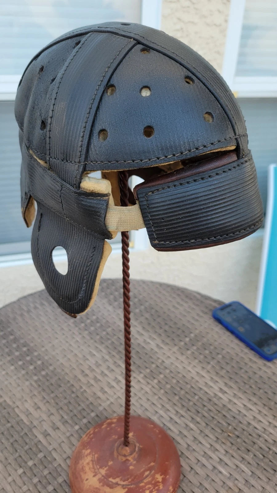 1915-1920's Leather Football Helmet Black Vintage Antique Full Size