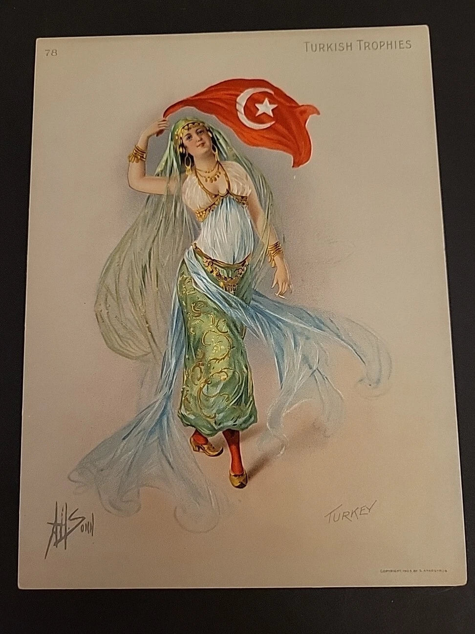 Antique 1903 Turkish Trophies Turkey Cigarette Advertising Tobacco Card 6x8"