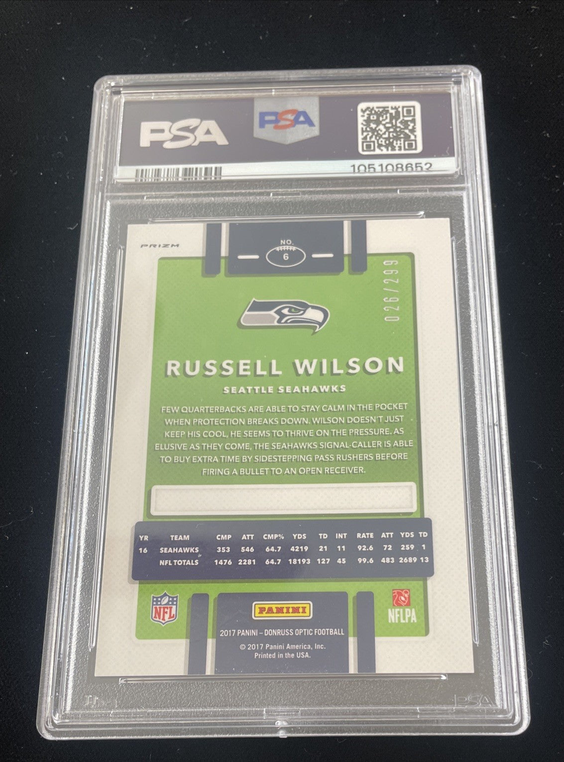 2017 Panini Donruss Optic Russell Wilson Aqua Prizm #026/299 Seahawks PSA 8