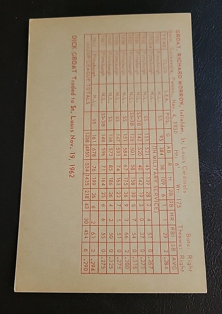 Dick Groat 1963 Exhibit Red Stats On Back Ex/Mt Pittsburgh Pirates