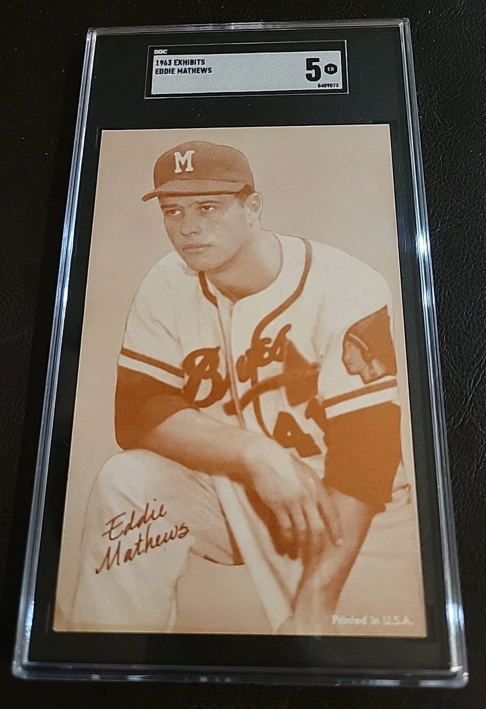 EDDIE MATHEWS 1963 EXHIBITS BASEBALL Red STATS Back Atlanta BRAVES SGC 5 Ex