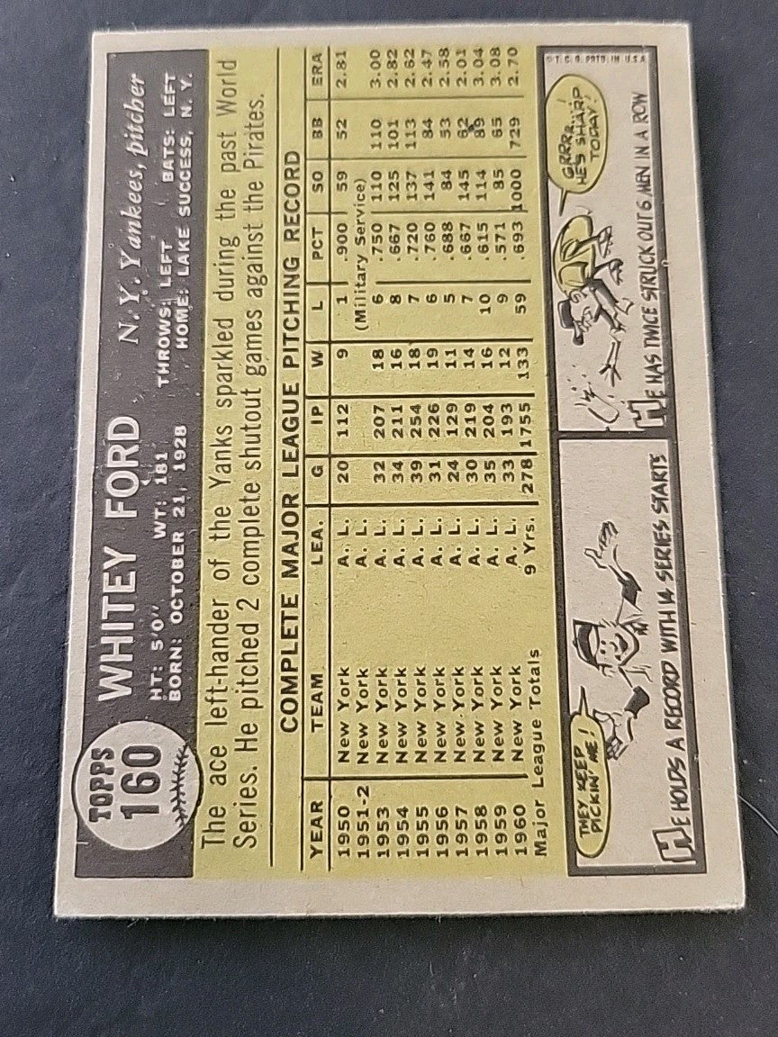 1961 Topps Baseball Whitey Ford New York Yankees Card #160 VG