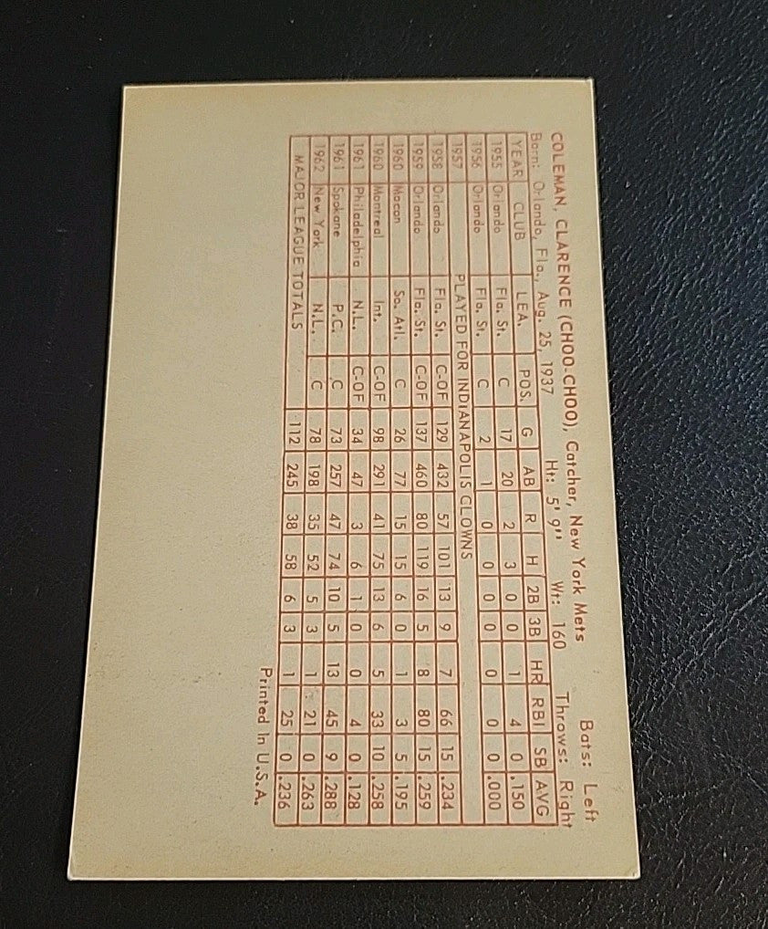 Choo Choo Coleman 1963 Exhibit Red Stats On Back VG New York Mets