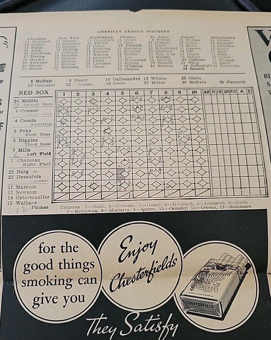 1937 MLB Season Scorecard Boston Red Sox vs Washington Senators  G-VG