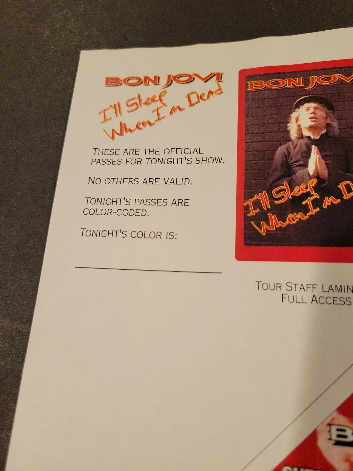Bon Jovi 1993 I'll Sleep When I'm Dead Genuine Proof Sheet mock ups for Concert