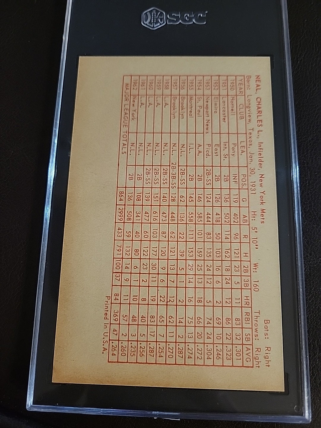 Charlie Neal 1963 Exhibit Red Stats On Back Ex/Mt New York Mets  SGC 6 Ex/Mt