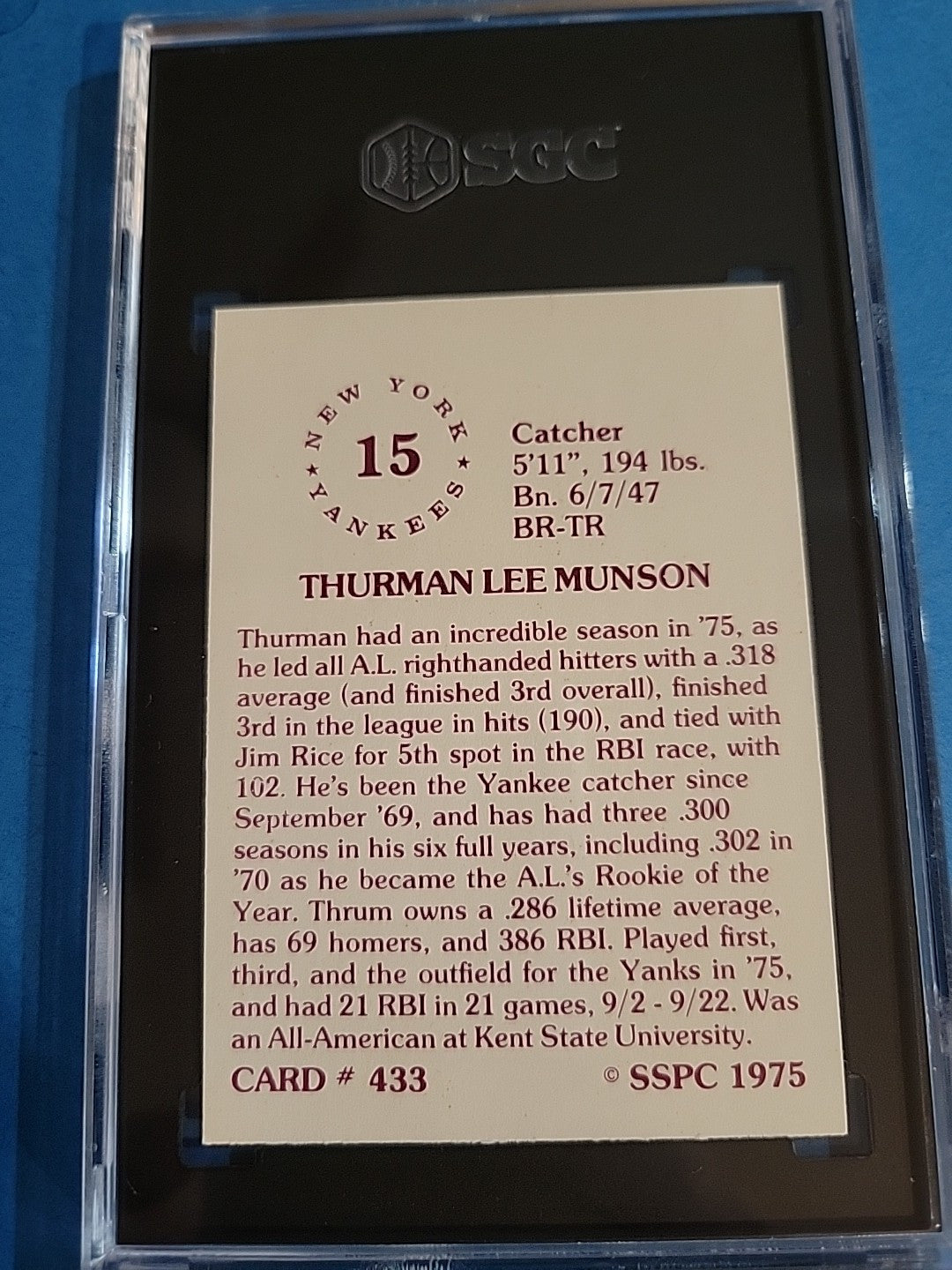 Thurman Munson 1975 SSPC Card New York Yankees #433 SGC 8 Nr/Mt-Mt Newly Graded