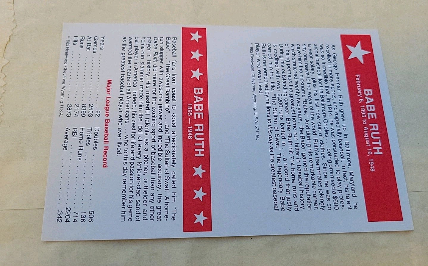 1983 Babe Ruth  Insert card Uncut