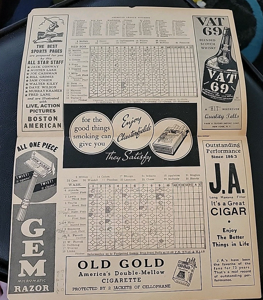 1937 MLB Season Scorecard Boston Red Sox vs Washington Senators  G-VG