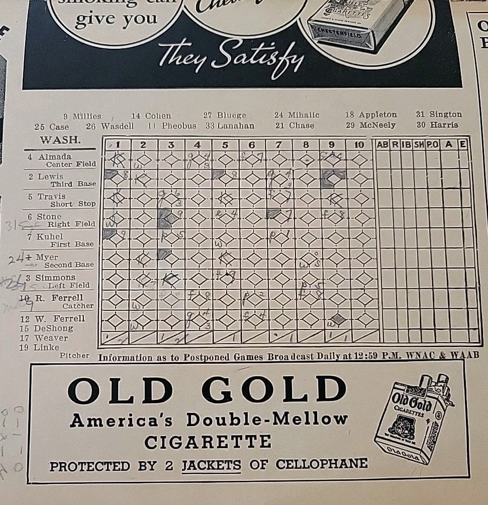 1937 MLB Season Scorecard Boston Red Sox vs Washington Senators  G-VG